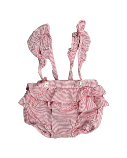 A Pink Overall Shorts from Jacadi in size 3-6M for girl. (Front View)