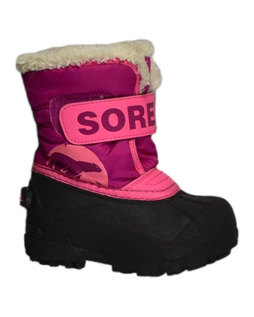 A Pink Winter Boots from Sorel in size 3T for girl. (Front View)