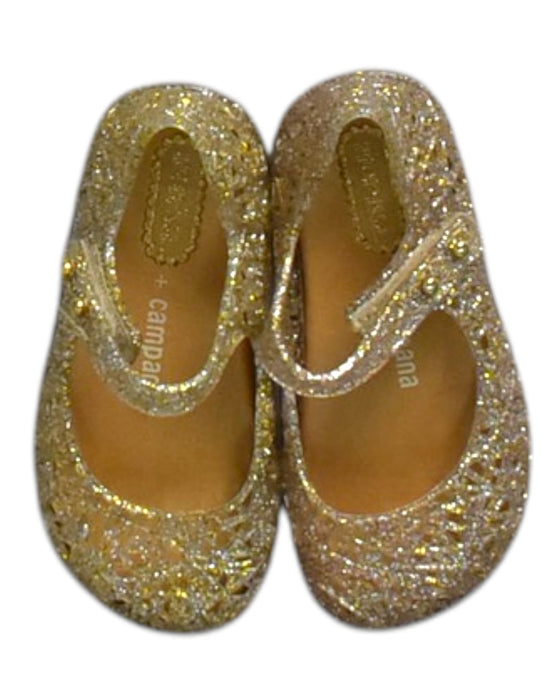 A Gold Flats from Mini Melissa Campana in size 12-18M for girl. (Back View)