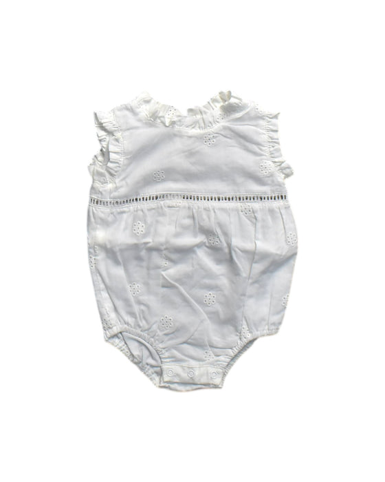 A White Sleeveless Rompers from Fox & Finch in size 3-6M for neutral. (Front View)