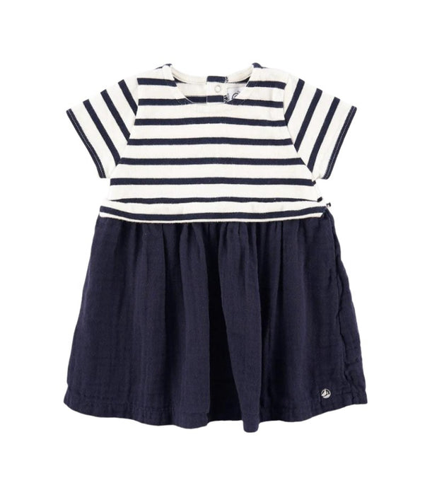 A Navy Short Sleeve Dresses from Petit Bateau in size 6-12M for girl. (Front View)