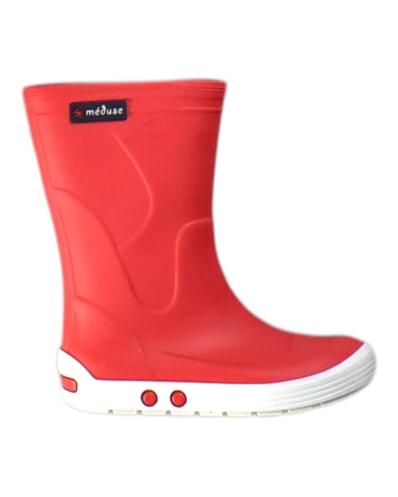 A Red Rain Boots from Meduse in size 4T for girl. (Front View)