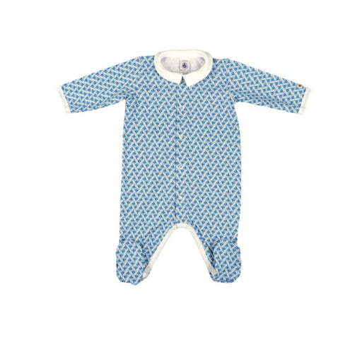 A Blue Onesies from Petit Bateau in size 12-18M for neutral. (Front View)