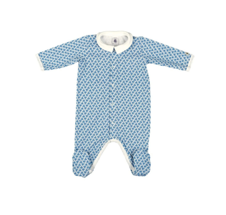 A Blue Onesies from Petit Bateau in size 12-18M for neutral. (Front View)