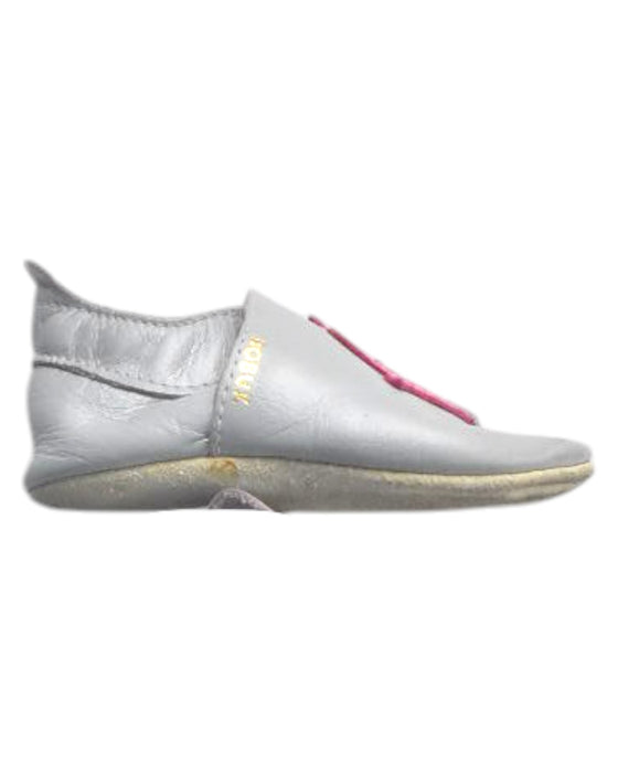 A Silver Slip Ons from Bobux in size 12-18M for girl. (Front View)