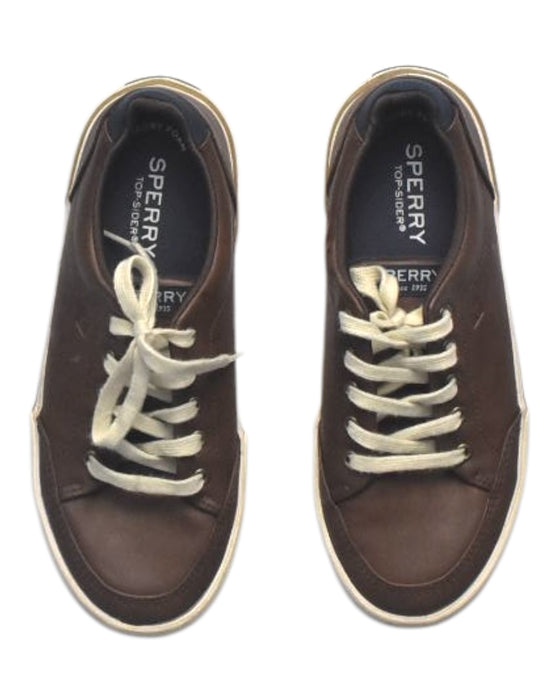 A Brown Sneakers from Sperry in size 9Y for girl. (Back View)