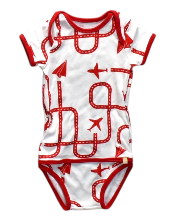 A Red Short Sleeve Bodysuits from Oeteo in size 6-12M for neutral. (Front View)
