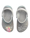 A Silver Slip Ons from Crocs in size 3T for girl. (Back View)