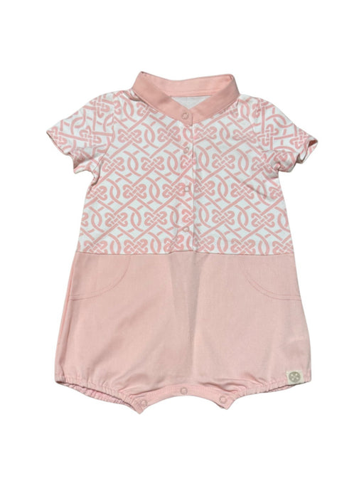 A Pink Short Sleeve Rompers from Le Petit Society in size 6-12M for girl. (Front View)