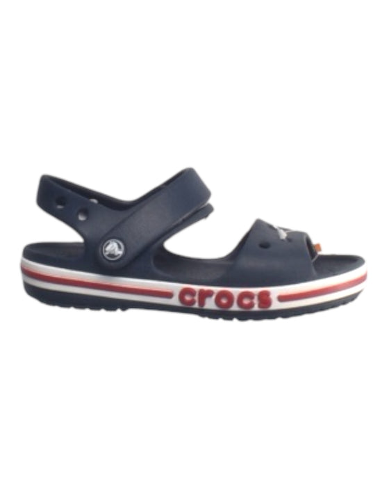 A Navy Sandals from Crocs in size 5T for boy. (Front View)