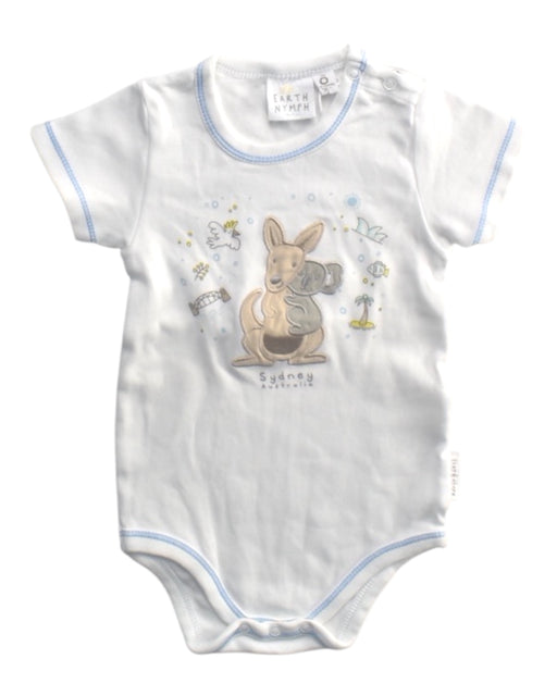 A White Short Sleeve Bodysuits from Earth Nymph in size 6-12M for boy. (Front View)