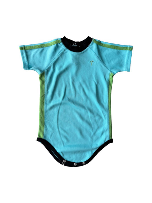 A Blue Short Sleeve Bodysuits from i play in size 12-18M for boy. (Front View)