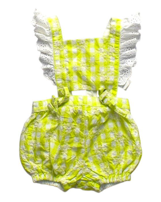 A Yellow Overall Shorts from Gingersnaps in size 6-12M for girl. (Front View)