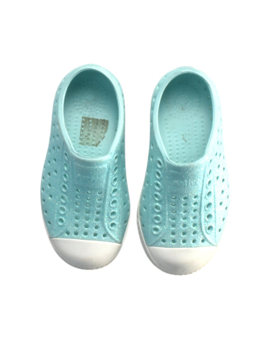A Teal Slip Ons from Native Shoes in size 3T for girl. (Back View)