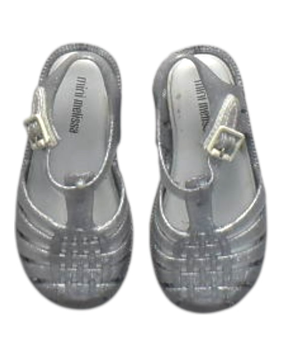 A Silver Sandals from Mini Melissa in size 3T for girl. (Back View)