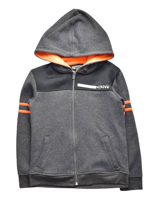 A Grey Hooded Sweatshirts from DKNY in size 6T for boy. (Front View)