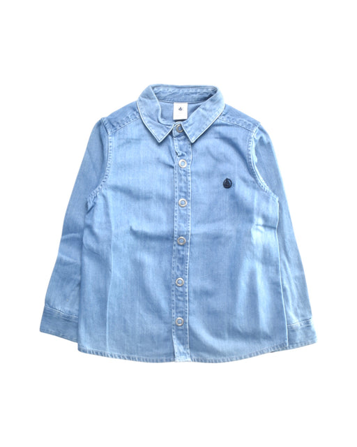 A Blue Long Sleeve Shirts from Petit Bateau in size 4T for boy. (Front View)