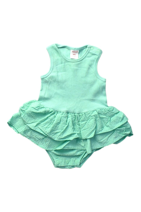 A Green Sleeveless Rompers from Seed in size 6-12M for girl. (Front View)