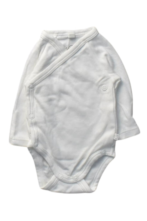 A White Long Sleeve Bodysuits from Mori in size Newborn for girl. (Front View)