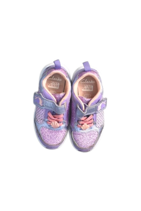 A Purple Sneakers from Clarks in size 3T for girl. (Back View)