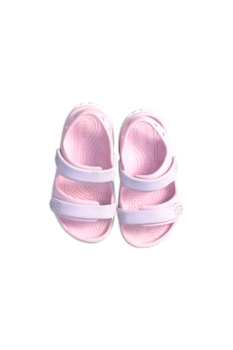 A Pink Sandals from Crocs in size 3T for girl. (Back View)