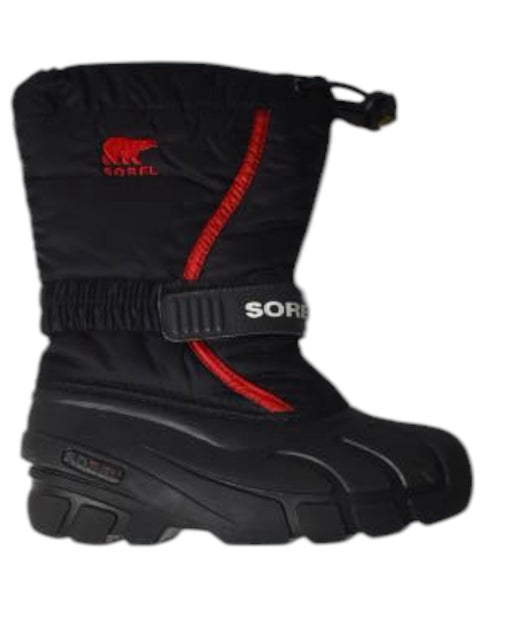 A Black Winter Boots from Sorel in size 6T for neutral. (Front View)