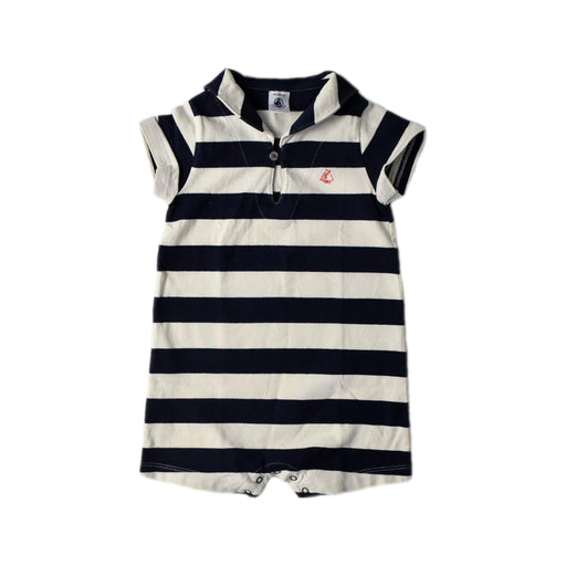 A Navy Short Sleeve Rompers from Petit Bateau in size 12-18M for neutral. (Front View)