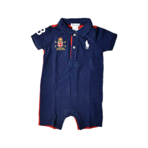 A Navy Short Sleeve Rompers from Ralph Lauren in size 6-12M for boy. (Front View)