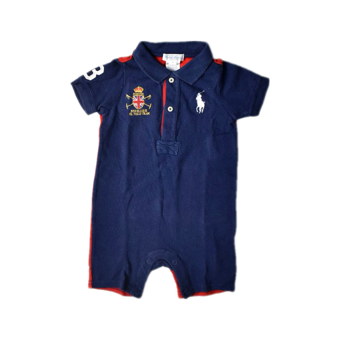 A Navy Short Sleeve Rompers from Ralph Lauren in size 6-12M for boy. (Front View)