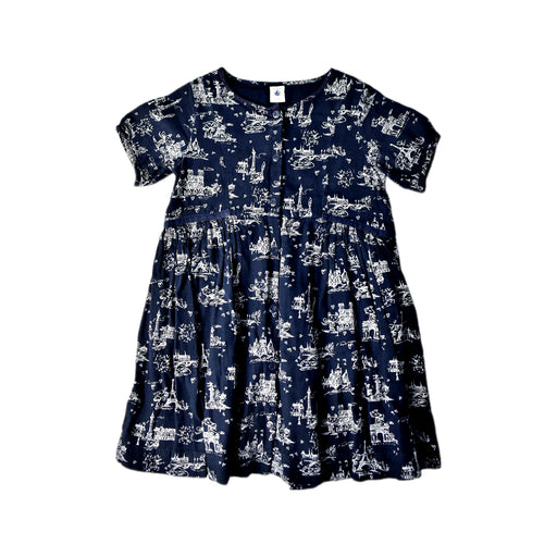 A Navy Short Sleeve Dresses from Petit Bateau in size 6T for girl. (Front View)