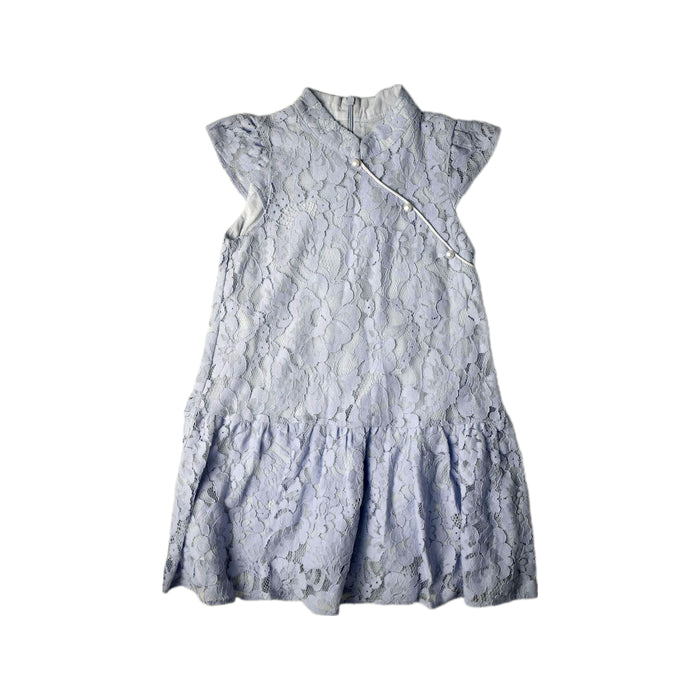 A Blue Sleeveless Dresses from Le Petit Society in size 6T for girl. (Front View)