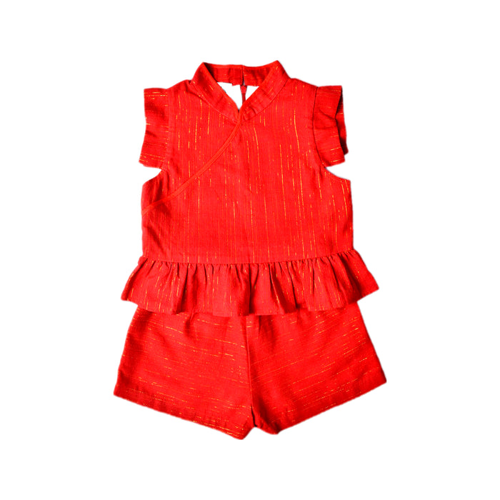 A Red Shorts Sets from Little Islanders in size 6T for girl. (Front View)