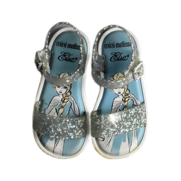 A Blue Sandals from Mini Melissa in size 3T for girl. (Back View)