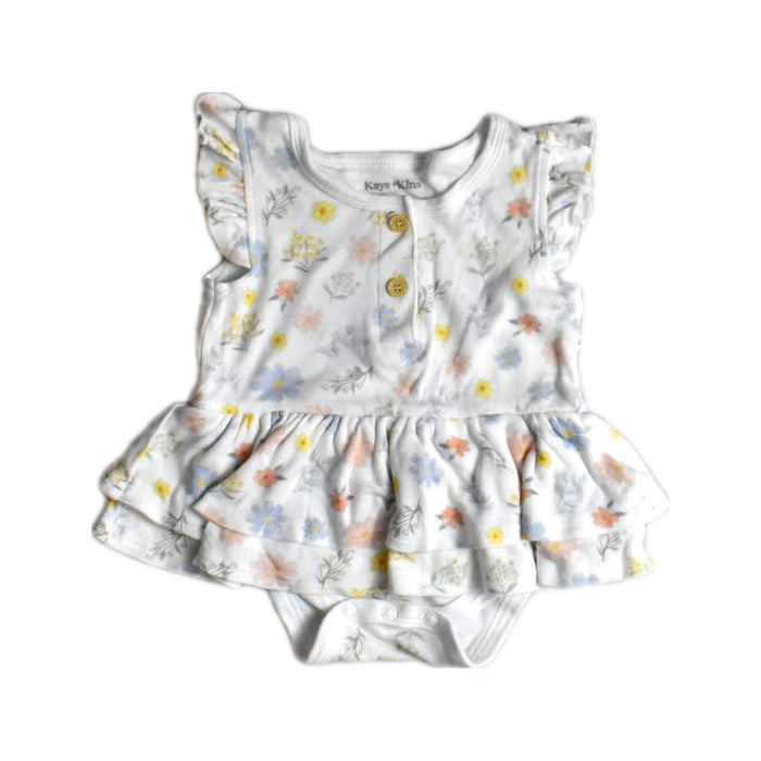 A White Sleeveless Rompers from Kays + Kins in size 3-6M for girl. (Front View)