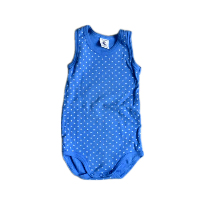 A Blue Sleeveless Bodysuits from Petit Bateau in size 6-12M for boy. (Front View)