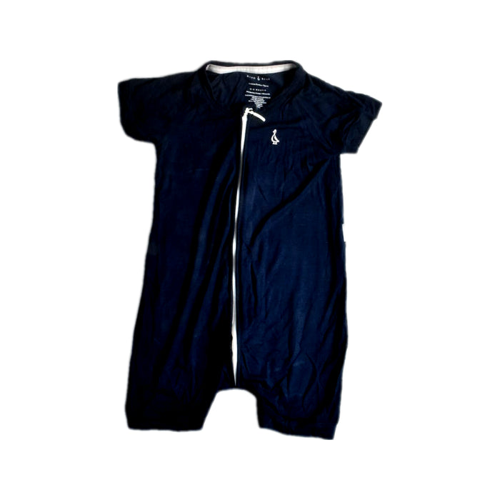 A Navy Short Sleeve Rompers from Raph and Remy in size 12-18M for neutral. (Front View)