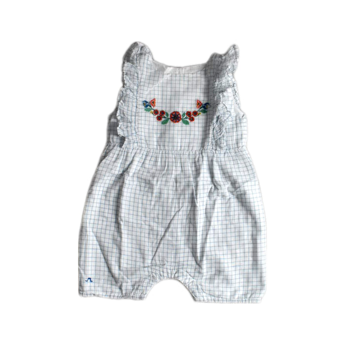 A Blue Sleeveless Rompers from Château de Sable in size 3-6M for girl. (Front View)