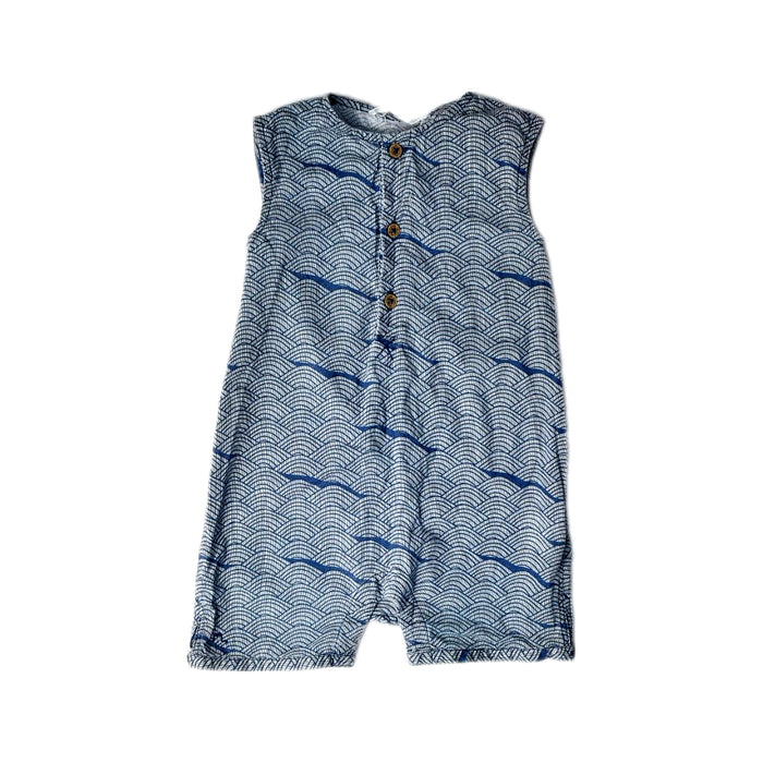 A Blue Sleeveless Rompers from Chateau de Sable in size 3-6M for boy. (Front View)