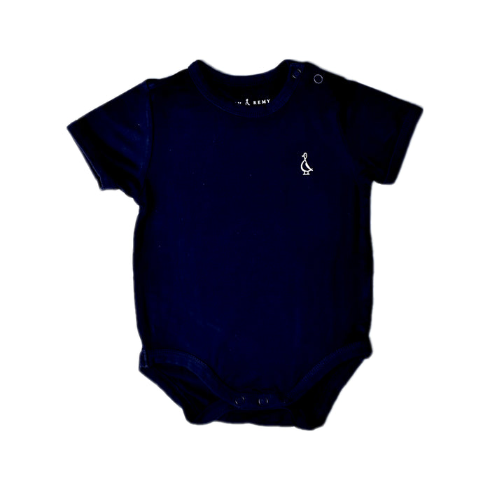 A Navy Short Sleeve Bodysuits from Raph and Remy in size 0-3M for neutral. (Front View)