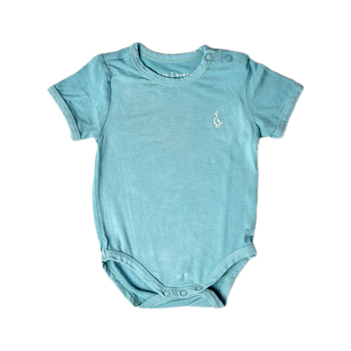 A Blue Short Sleeve Bodysuits from Raph and Remy in size 0-3M for neutral. (Front View)