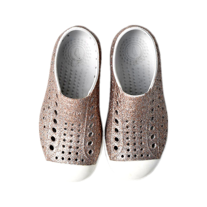 A Silver Slip Ons from Native Shoes in size 4T for girl. (Back View)