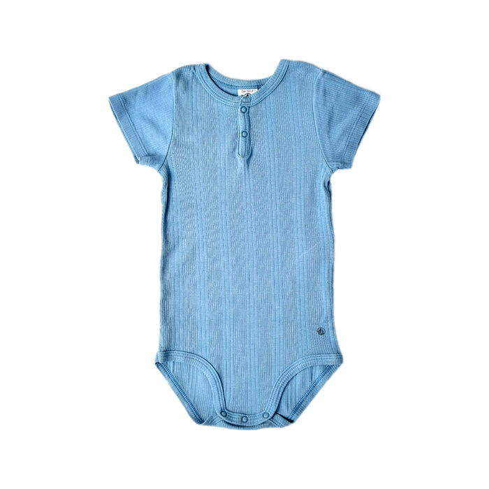 A Blue Short Sleeve Bodysuits from Petit Bateau in size 2T for boy. (Front View)