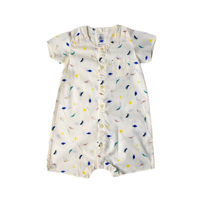 A White Short Sleeve Rompers from Petit Bateau in size 12-18M for boy. (Front View)