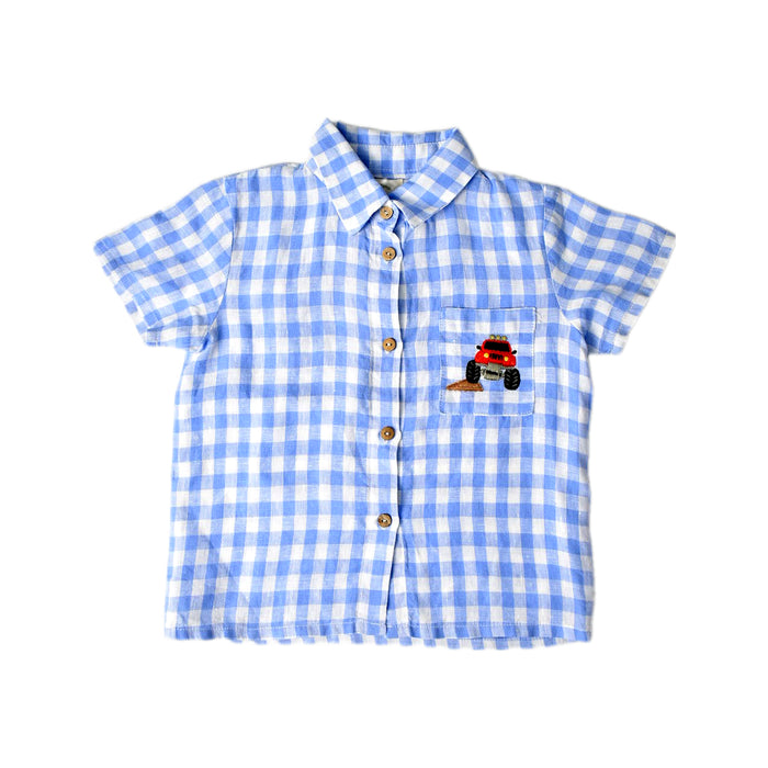 A Blue Short Sleeve Shirts from The Pure Stitch in size 4T for boy. (Front View)