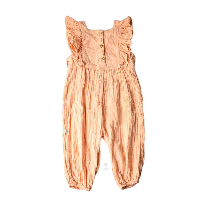A Peach Sleeveless Jumpsuits from Mori in size 6-12M for girl. (Back View)