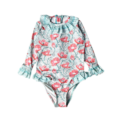 A Pink Swimsuits from Lison Paris in size 12-18M for girl. (Front View)