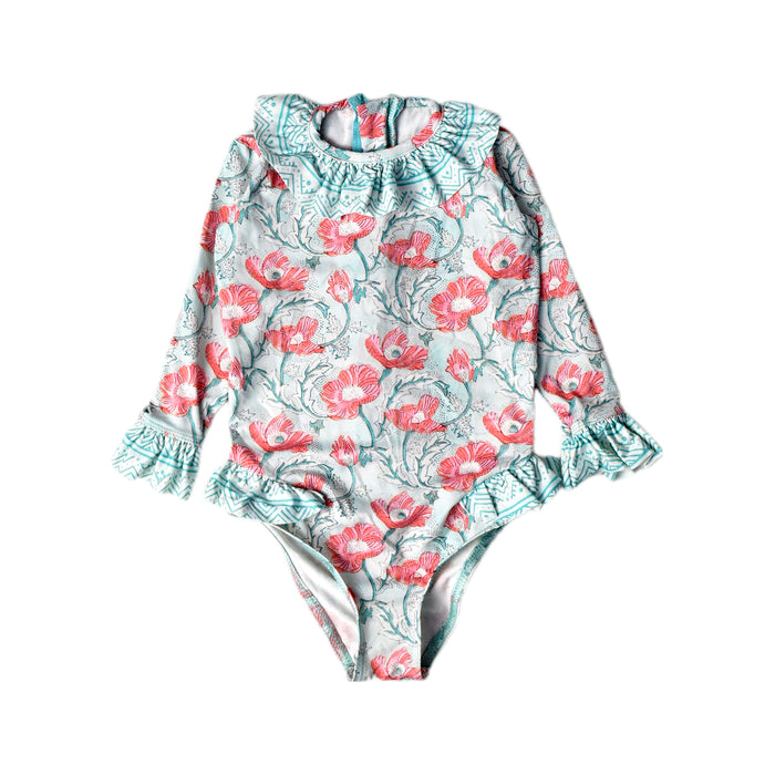 A Pink Swimsuits from Lison Paris in size 12-18M for girl. (Front View)