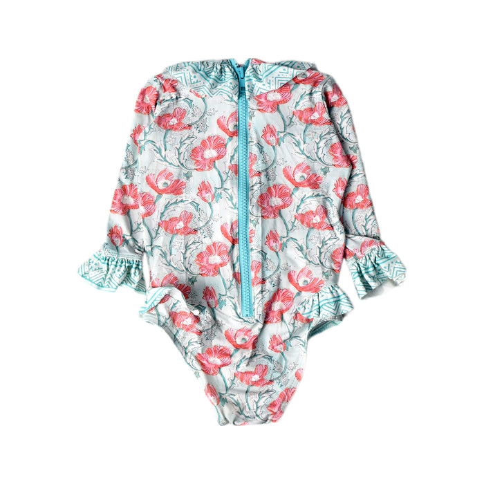 A Pink Swimsuits from Lison Paris in size 12-18M for girl. (Back View)