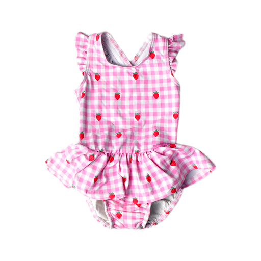 A Pink Swimsuits from Jojo Maman Bébé in size 6-12M for girl. (Front View)