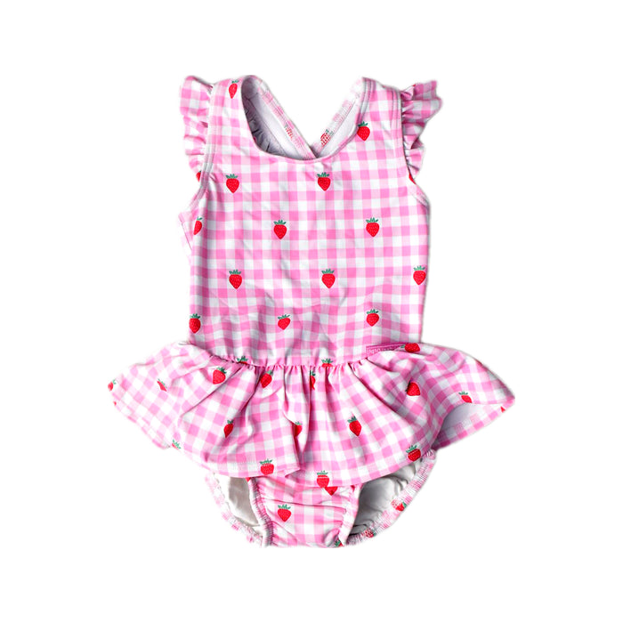 A Pink Swimsuits from Jojo Maman Bébé in size 6-12M for girl. (Front View)